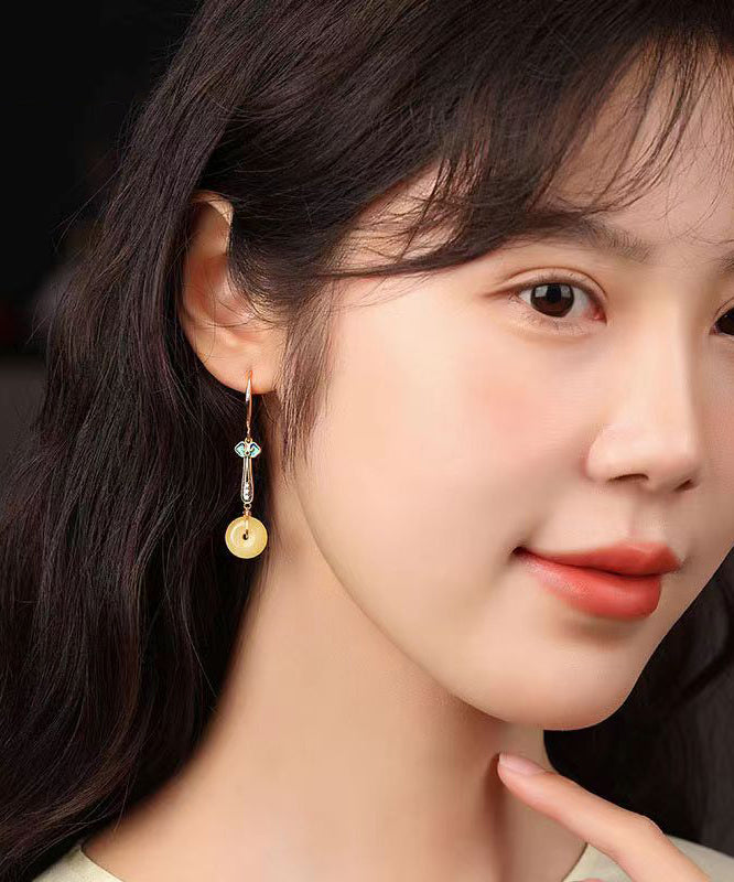Silver Zircon Yellow Jade Drop Earrings