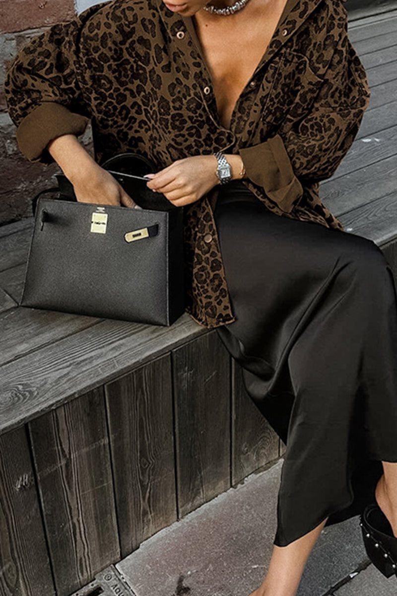 Street Leopard Print Buttons Turndown Collar Tops