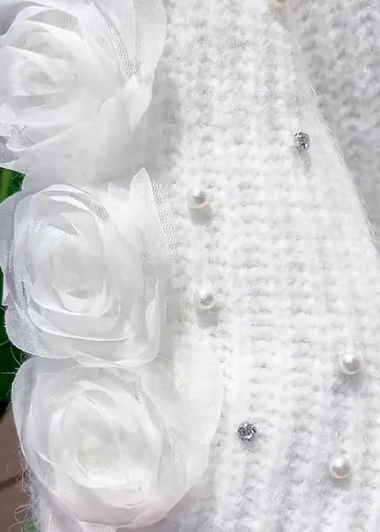 French White O Neck Knit Sweater Dress Spring