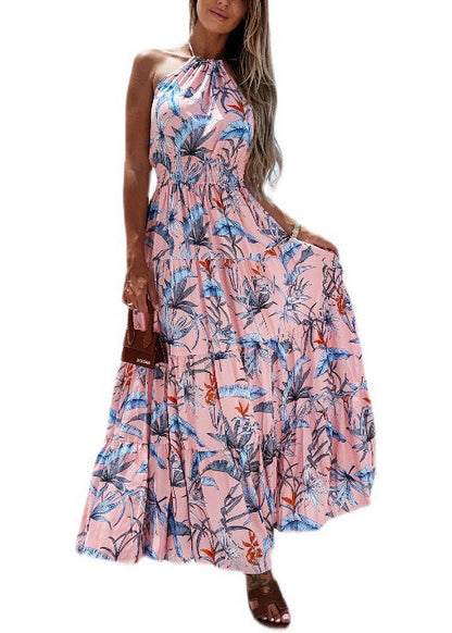 Backless Halter Print Wrinkled Cotton Dresses Sleeveless
