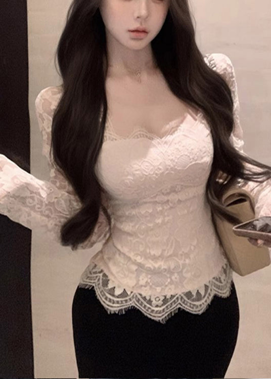 White Square Collar Silm Fit Lace Tops Spring