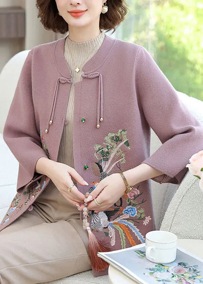 Purple Wool Knit Cardigan Embroidered Long Sleeve