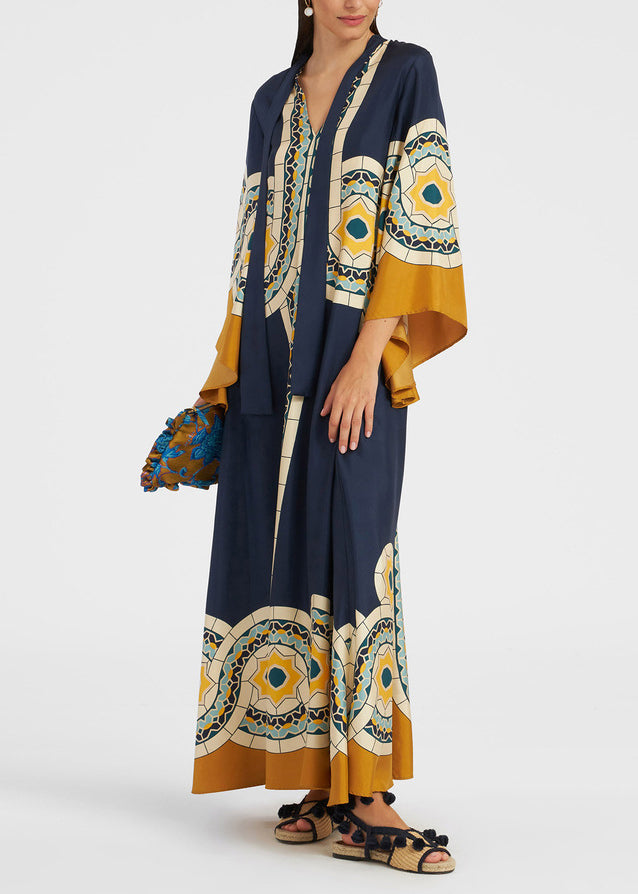 White Print Wear on Both Sides Silk Maxi Dresses Bracelet Sleeve