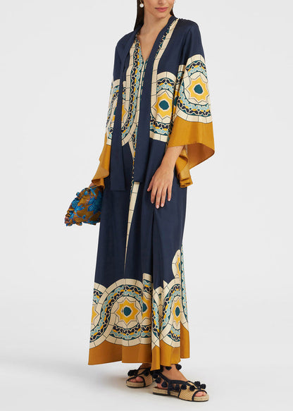 White Print Wear on Both Sides Silk Maxi Dresses Bracelet Sleeve