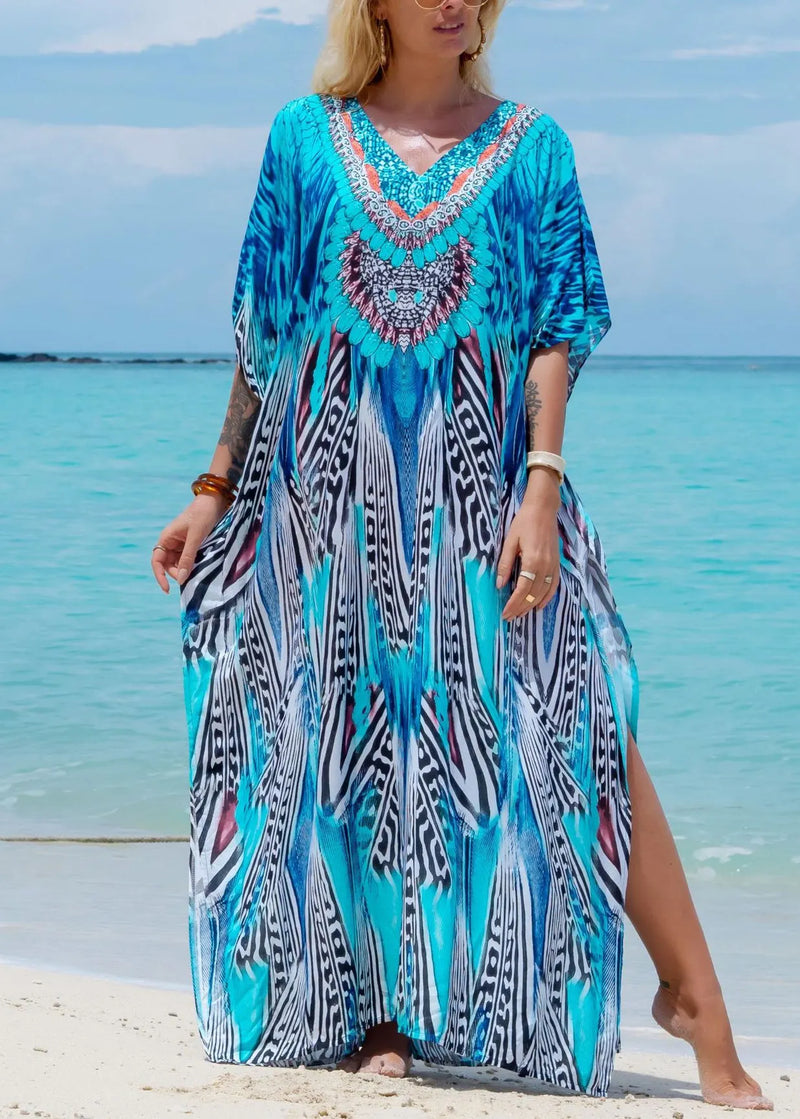 Style Blue V Neck Print Side Open Cotton Long Dress Summer