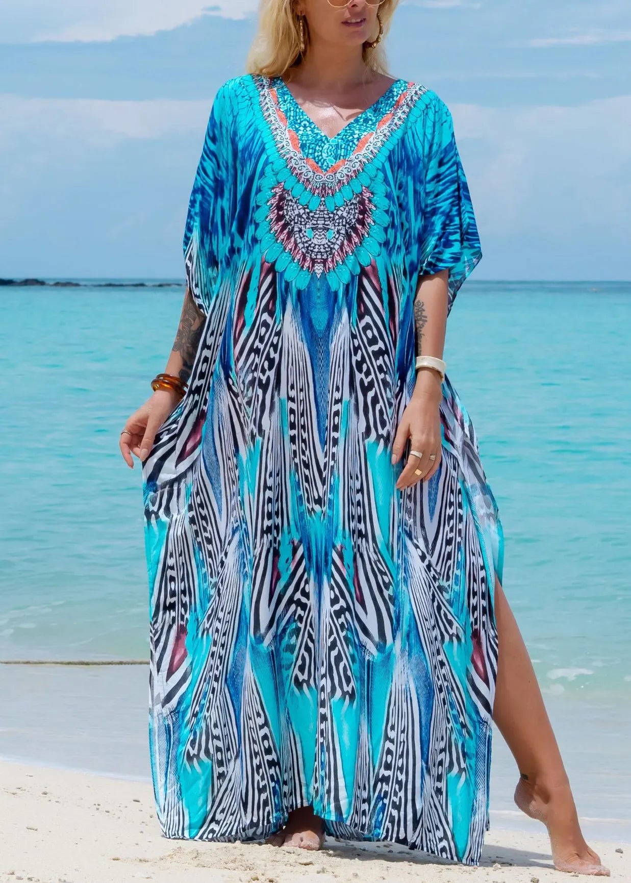 Style Blue V Neck Print Side Open Cotton Long Dress Summer