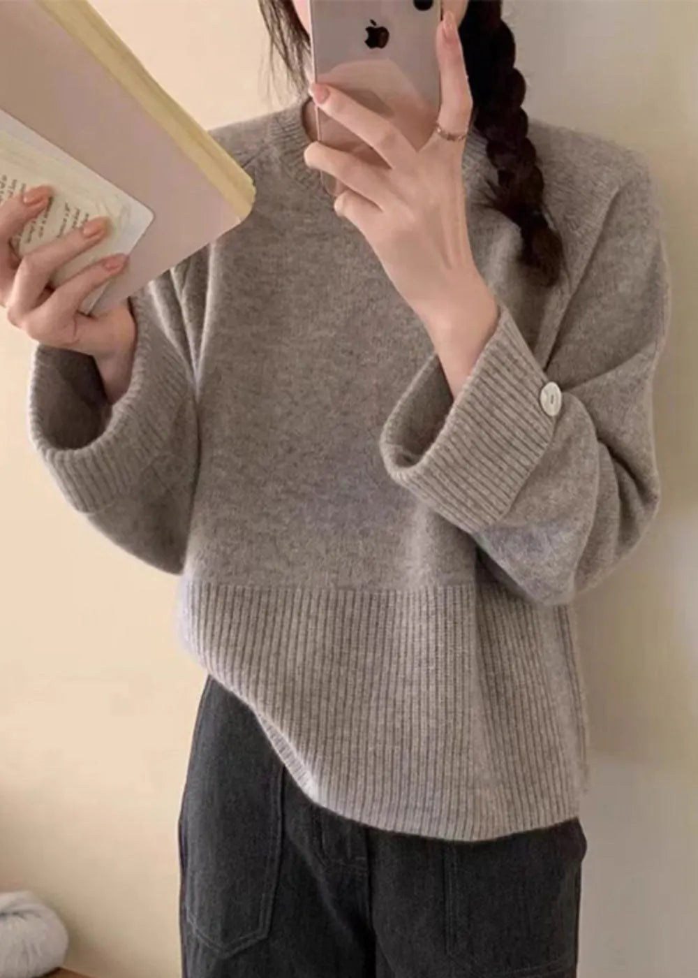 Purple O-neck Cozy Cotton Knit Sweater Top Fall