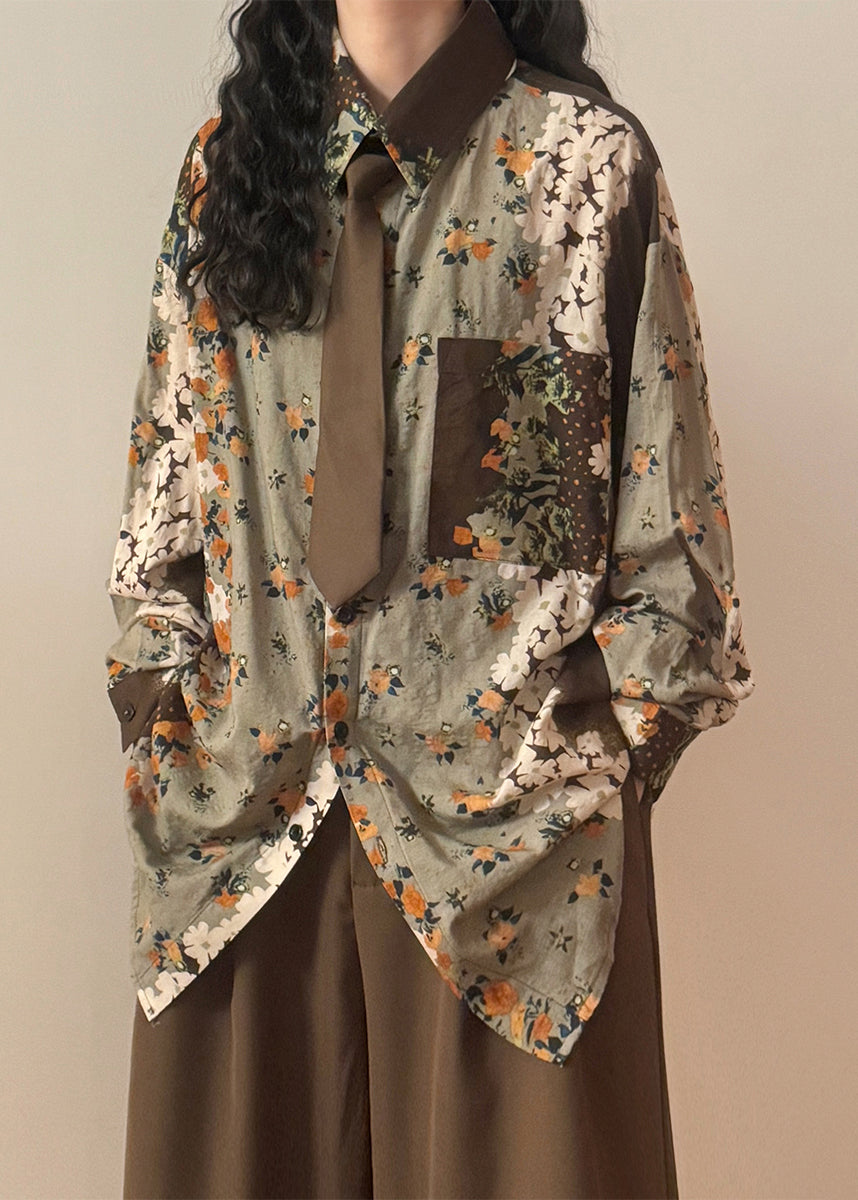 Green Print Button Pockets Cotton Blouses Spring
