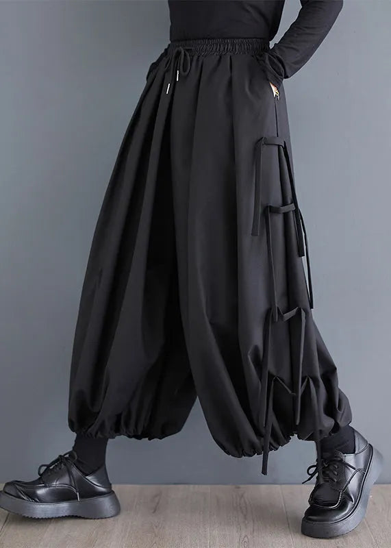 Black Tasseled Oversized Cotton Harem Pants Spring