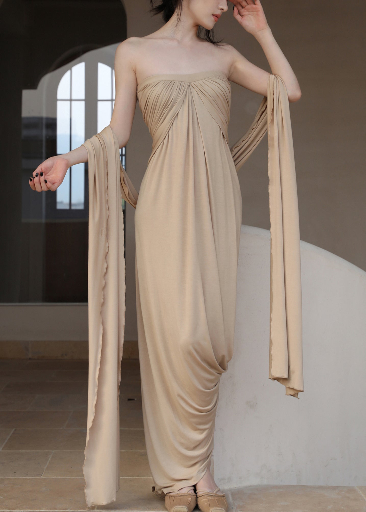 French Khaki Off the Shoulder Wrinkled Cotton Long Dresses Sleeveless