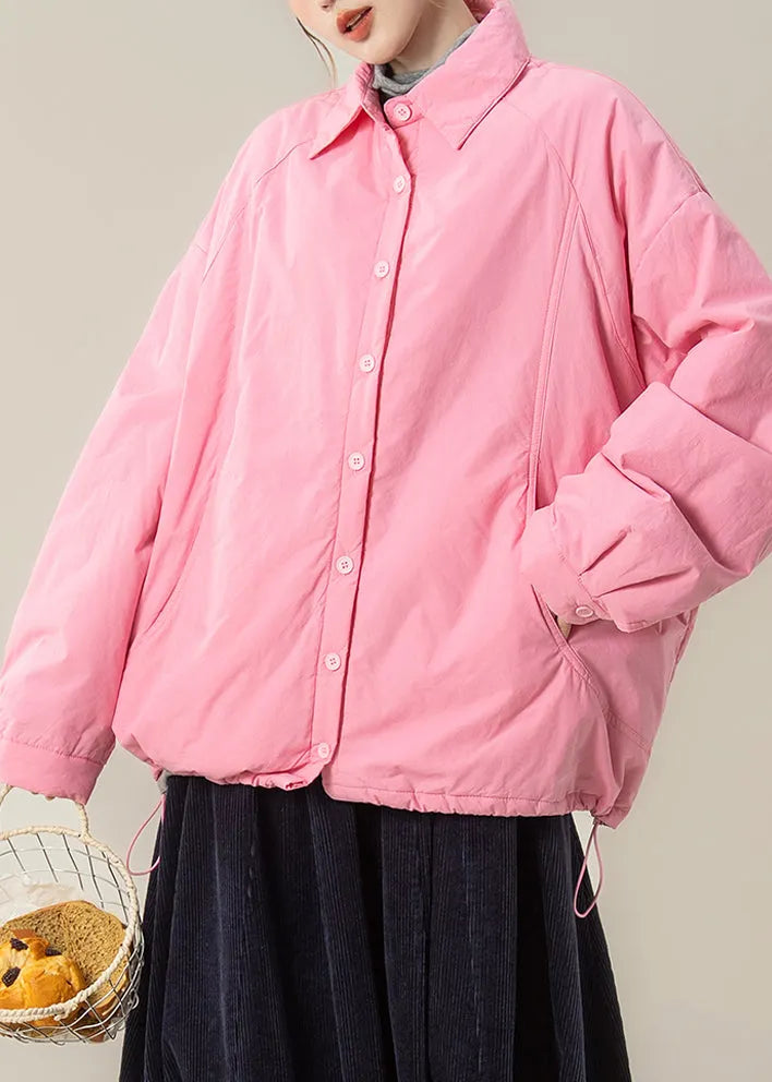 Pink Peter Pan Collar Pockets Cotton Filled Shirts Coats Winter