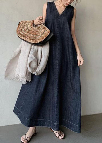 Navy V Neck Cold Shoulder Cotton Denim Dress Sleeveless