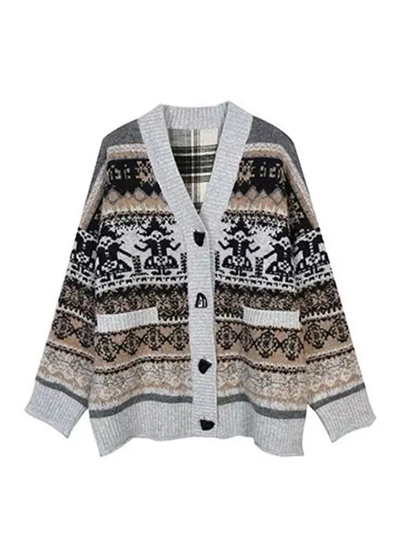 Boutique Red V Neck Jacquard Knit Cardigan Spring