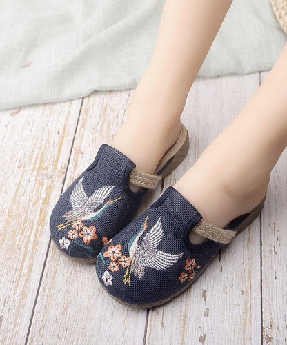 Khaki Embroidered Linen Fabric Slippers Shoes