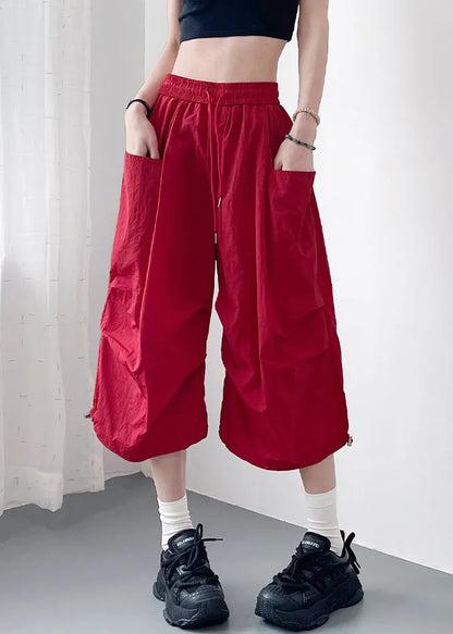 Red Pockets Elastic Waist Cotton Crop Pants Summer