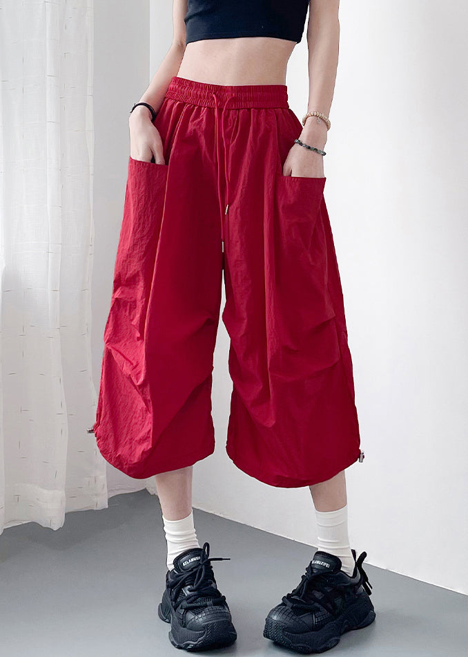 Red Pockets Elastic Waist Cotton Crop Pants Summer