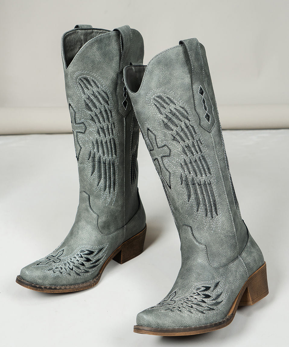 Chocolate Pointed Toe Embossed Chunky Faux Leather Boots