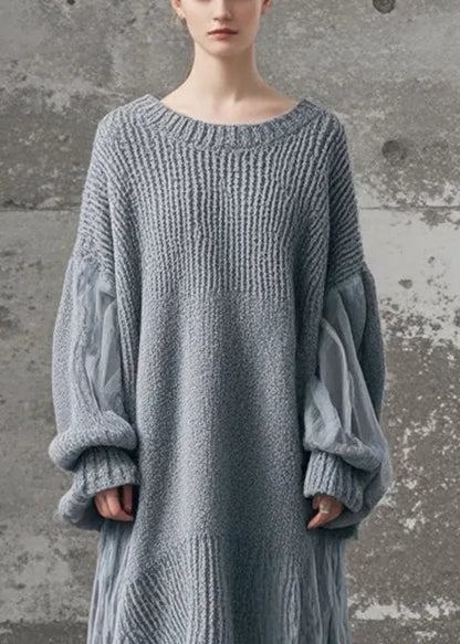 Grey Oversized Patchwork Tulle Long Knit Dress Winter
