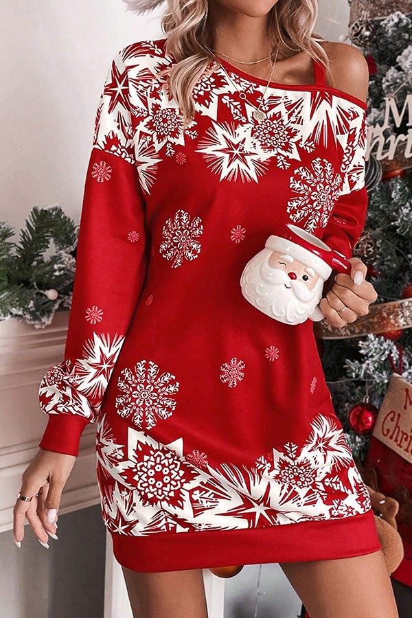 Christmas Snowflake Cold-Shoulder Loose Sweatshirt Mini Dress