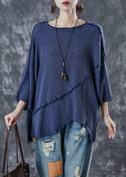 Navy Oversized Patchwork Cotton Blouse Top Spring