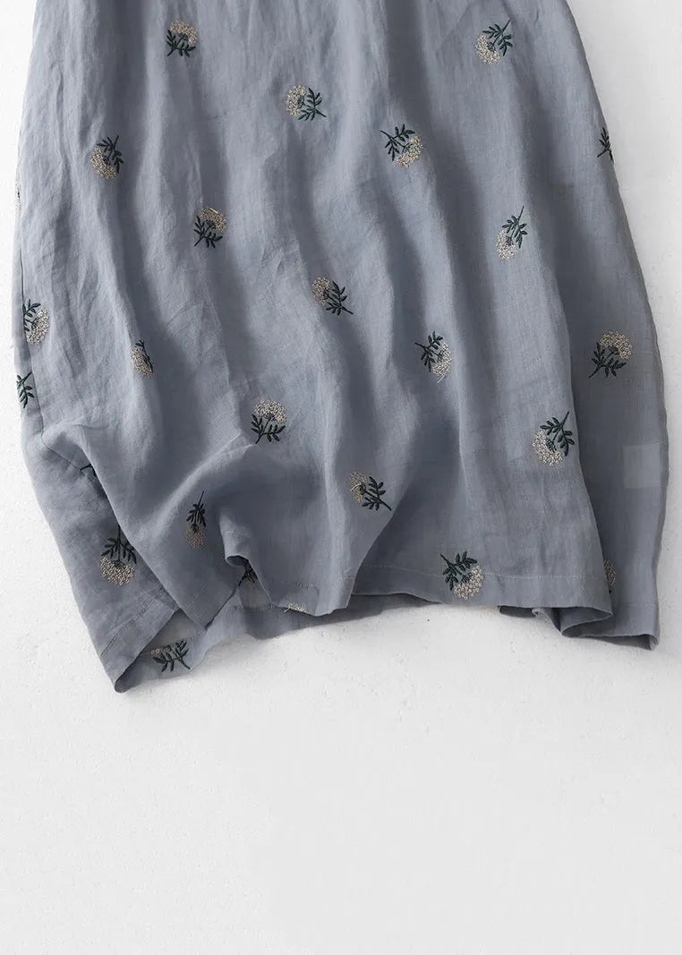 Grey Embroidered Button Cotton Dresses Half Sleeve