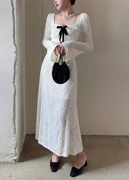 White Square Collar Hollow Out Cotton Long Dresses Spring