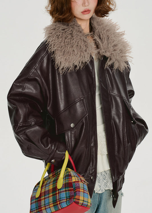 Chocolate Faux Fur Collar Oversized Faux Leather Jackets Winter