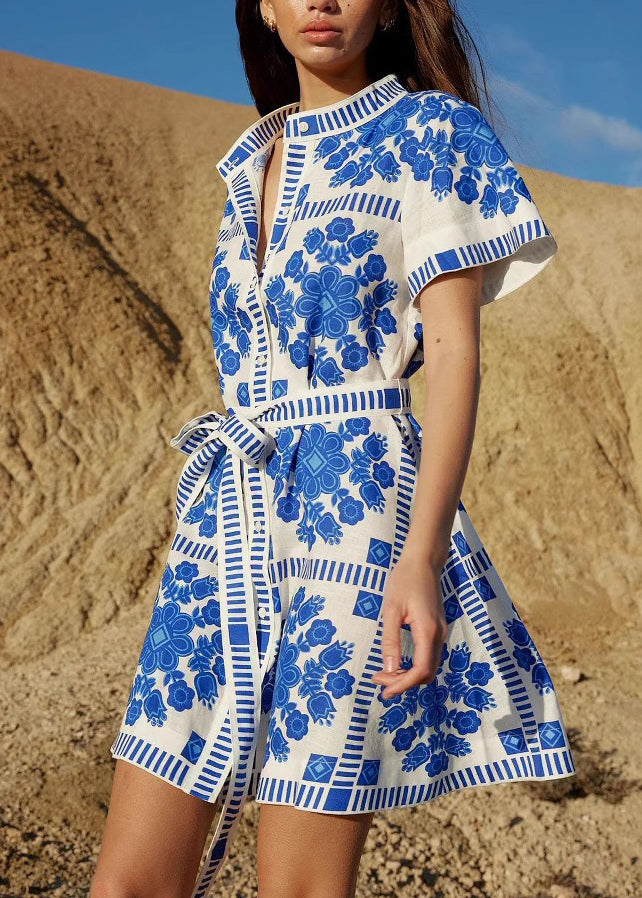 Blue Stand Collar Print Lace Up Cotton Mid Dress Summer