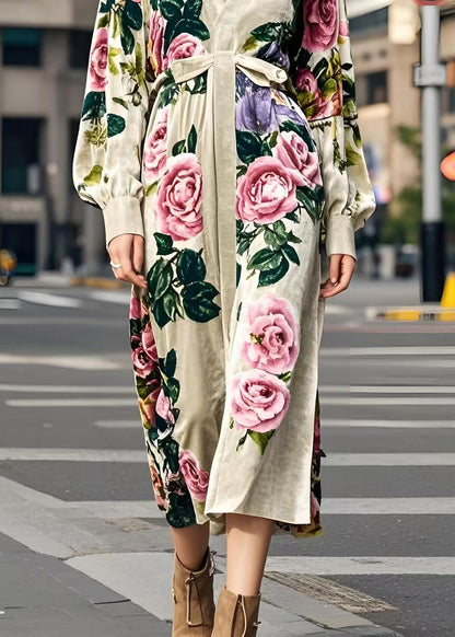 Apricot V Neck Print Silk Velvet Dress Spring