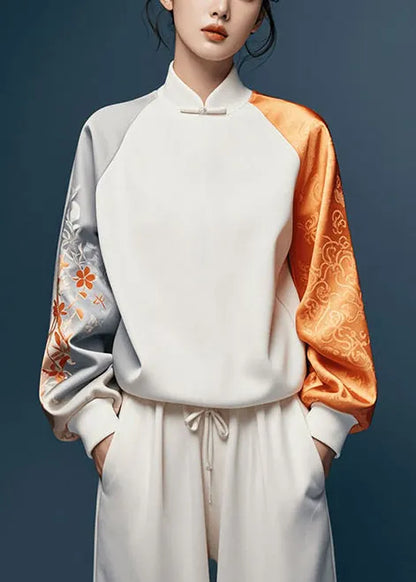 White Asymmetrical Patchwork Silk Oriental Tops Spring
