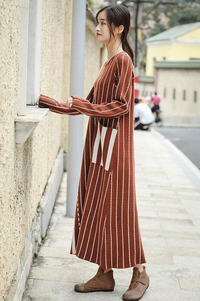Brown Striped Maxi Sweater Dresses for