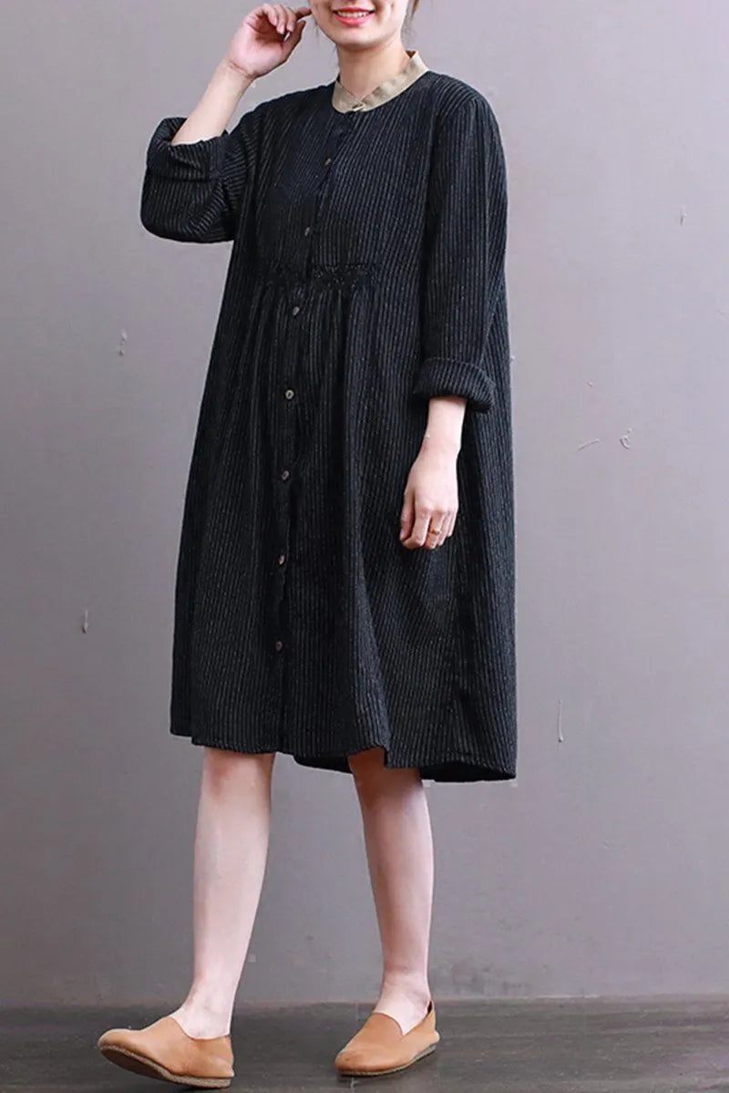 Stripe Literary Dress, Loose A-shape High Waist Dress
