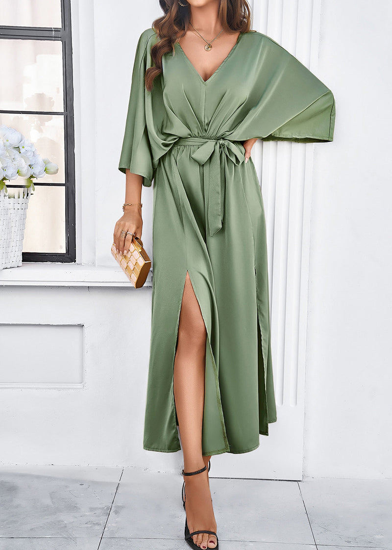 Classy Champagne V Neck Lace Up Silk Dresses Batwing Sleeve