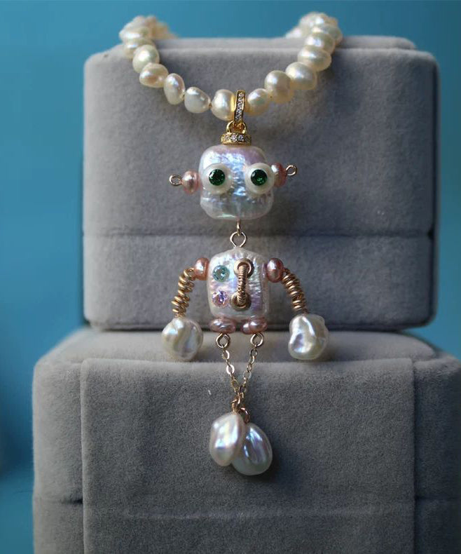 New White Copper Alloy Pearl Robot Pendant Necklace