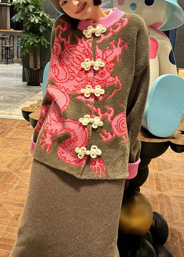 Chinese Style Dragon Jacquard Oriental Button Knit Cardigan Spring