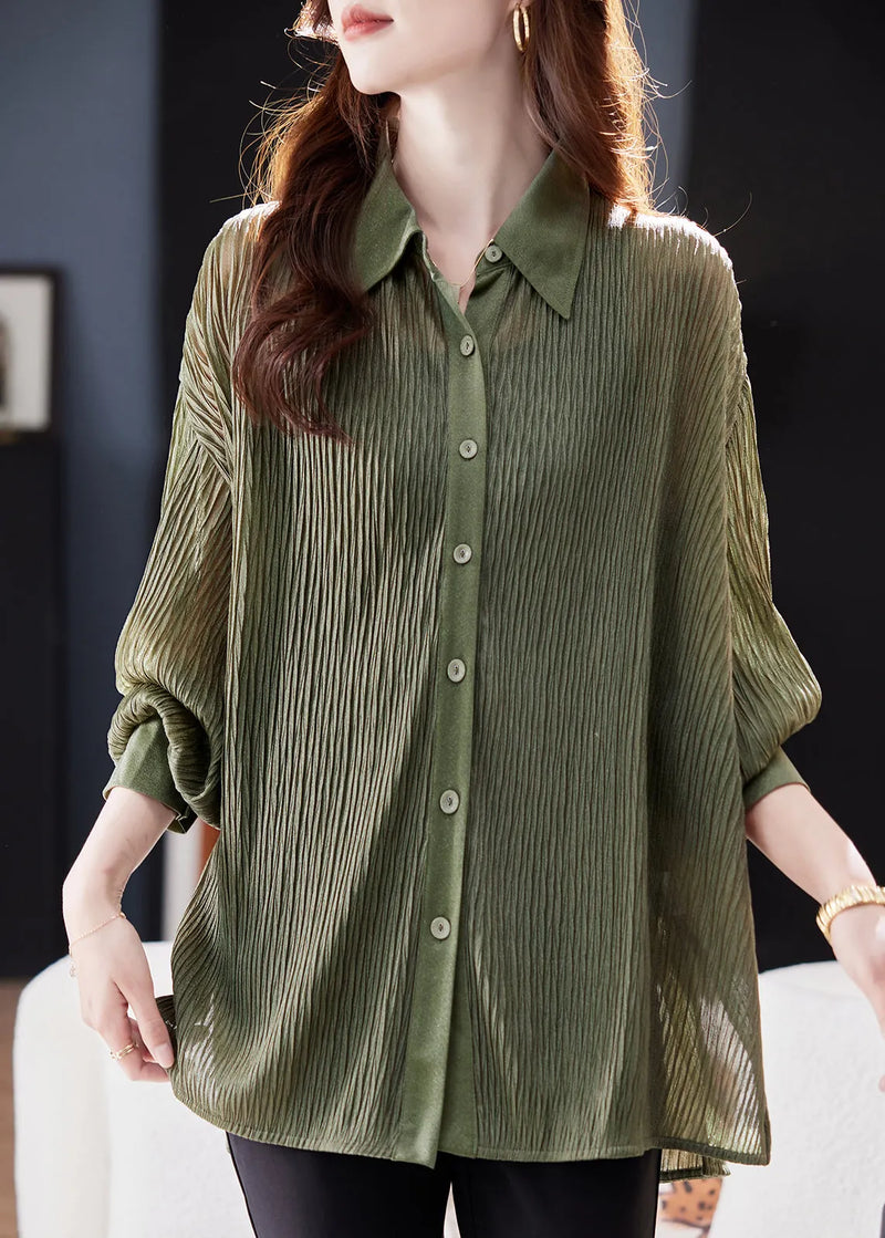 Loose Green Peter Pan Collar Button Chiffon Blouse Tops Spring