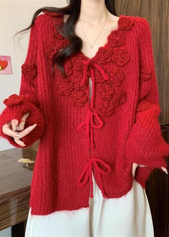 Natural Red Decorated Warm Knit Cardigans Fall