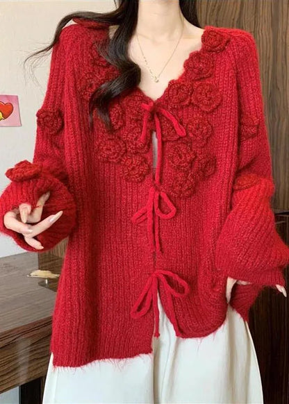 Natural Red Decorated Warm Knit Cardigans Fall