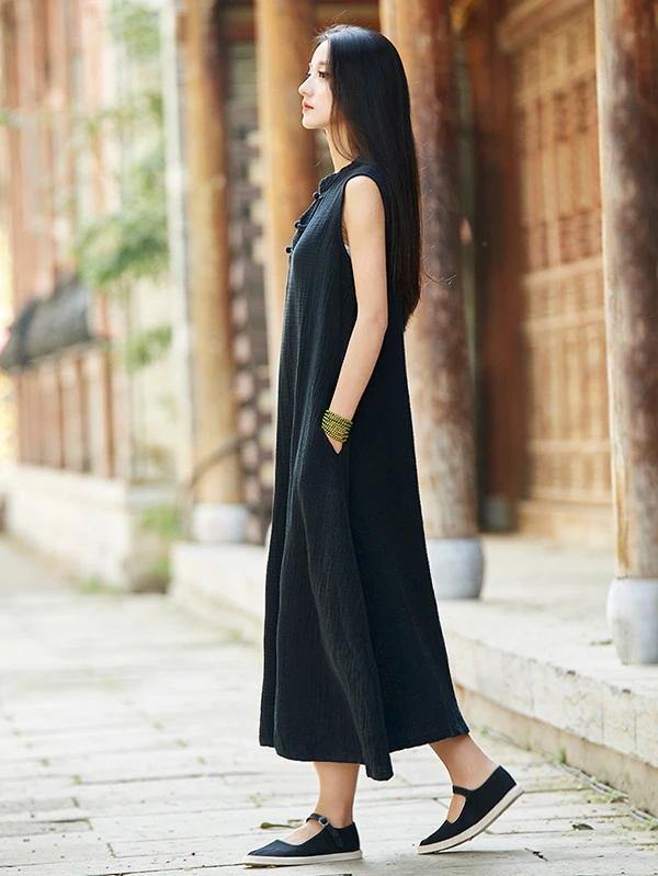 French Stand Collar Chinese Button Cotton Linen Summer Dress Neckline Black Dress