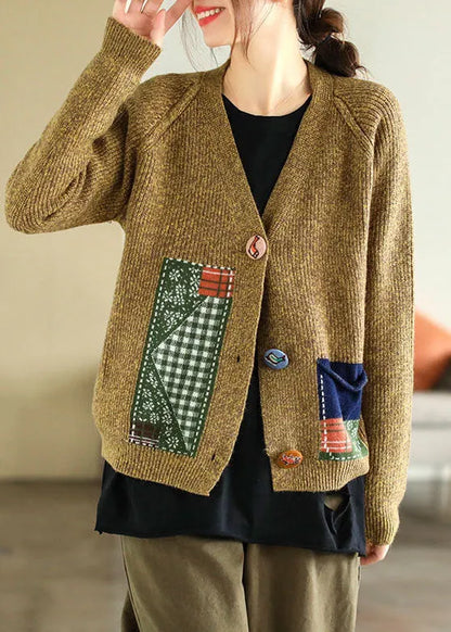 Yellow V Neck Patchwork Applique Knit Cardigans Winter
