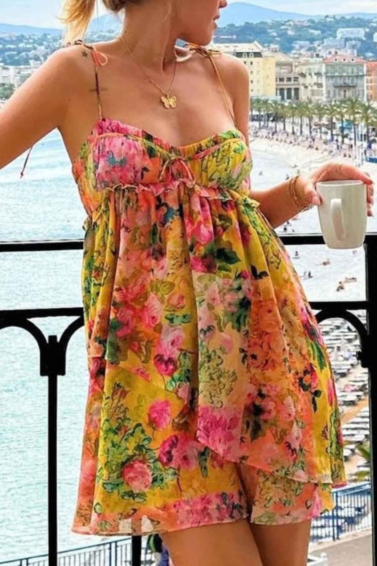 Ruffled Printed Irregular Mini Dress