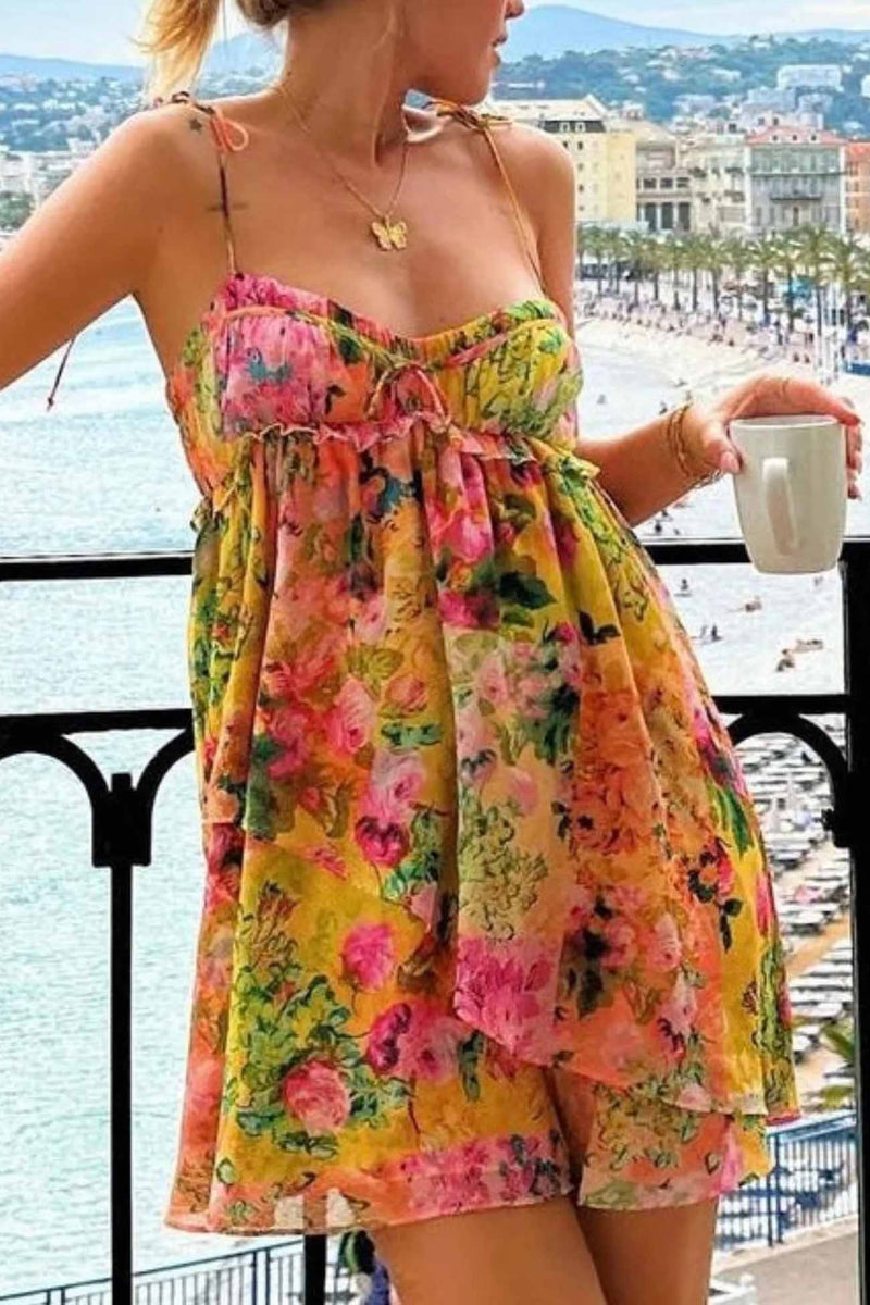 Ruffled Printed Irregular Mini Dress
