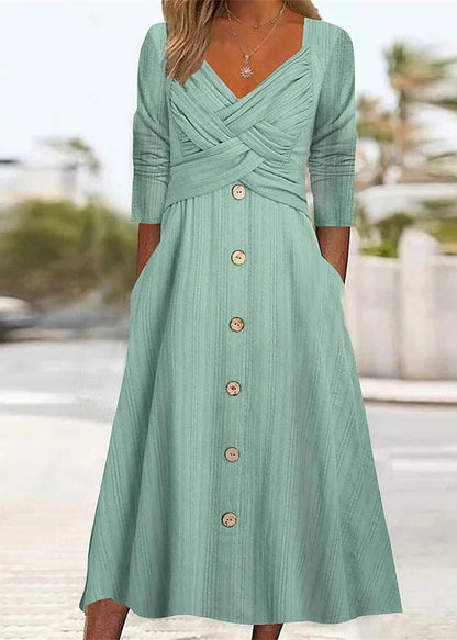 Green Button Pockets Wrinkled Cotton Dress Summer