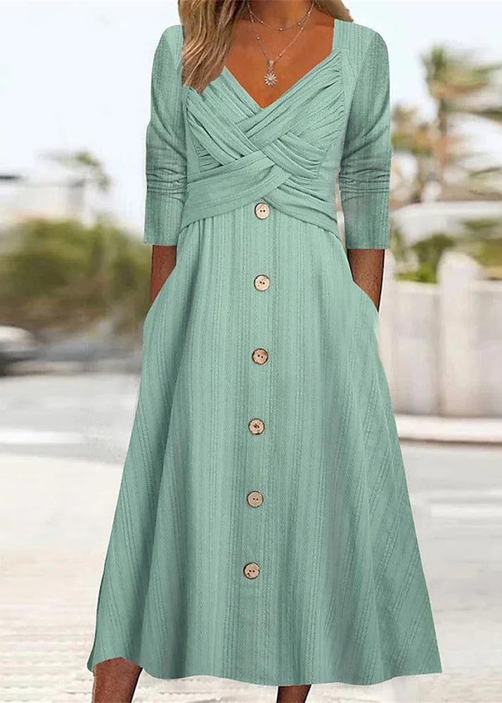 Green Button Pockets Wrinkled Cotton Dress Summer