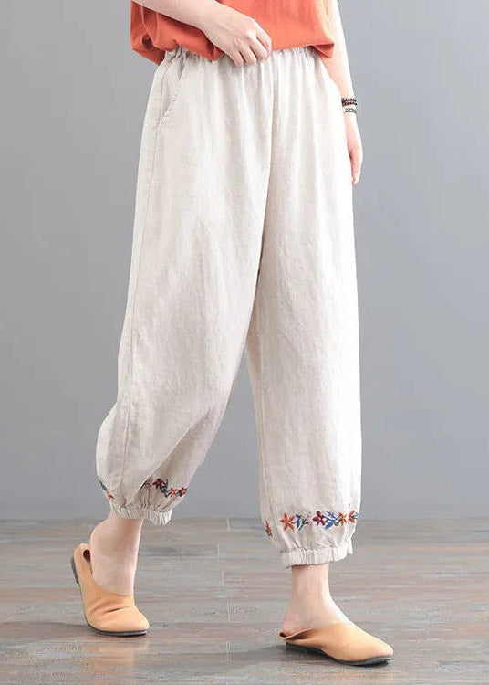 Organic Beige Embroidered Pockets Crop Pants Summer