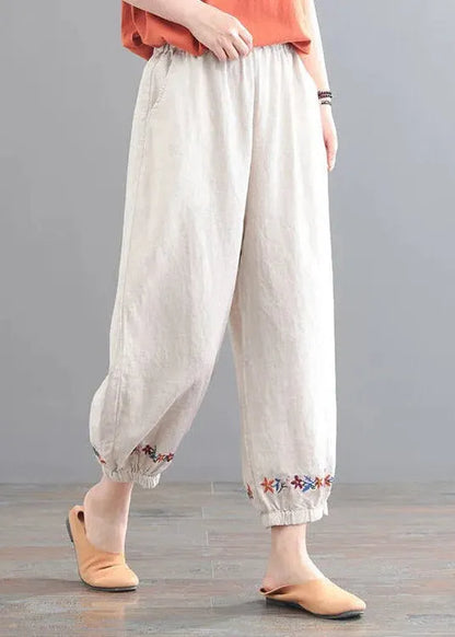 Organic Beige Embroidered Pockets Crop Pants Summer