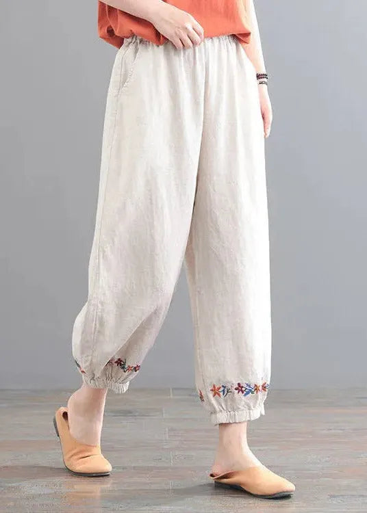 Organic Beige Embroidered Pockets Crop Pants Summer