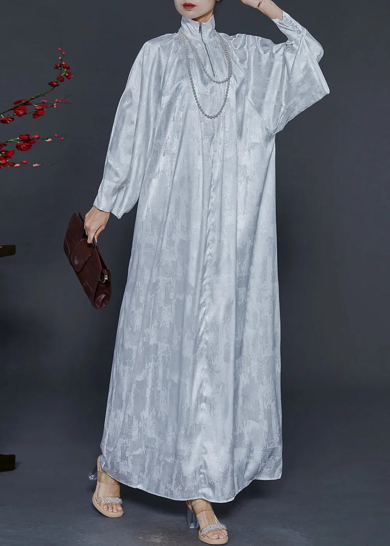 White Zip Up Jacquard Wear on Both Sides Silk Long Dress Fall