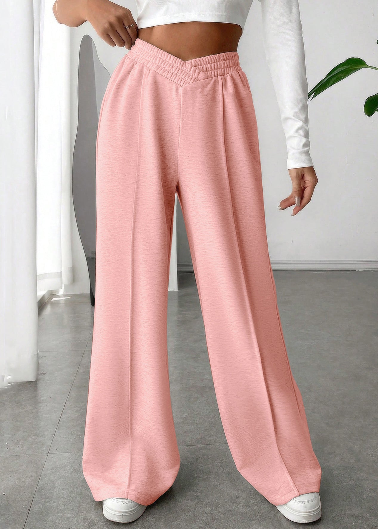 Pink Oversized Cotton Wide Leg Pants Elastic Waist