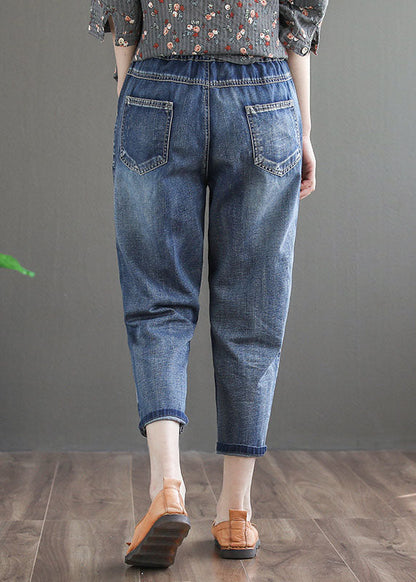 Denim Blue Elastic Waist Embroidered Cotton Crop Pants Spring